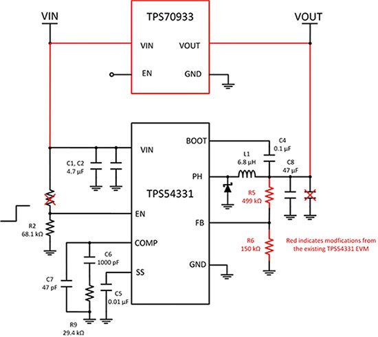 Diagram of Texas Instruments TPS709 in parallel with TPS54331