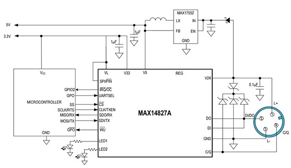 Maxim MAX14827A IO-Link 节点的方框图