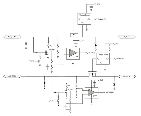 USB Type-C CC1 和 CC2 引腳的 ESD 和 OVP 電路線路圖 (按此放大)