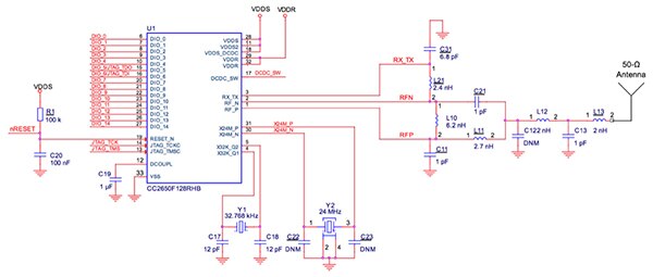 Texas Instruments CC2640R2F 蓝牙 5 SoC 原理图（点击可放大）