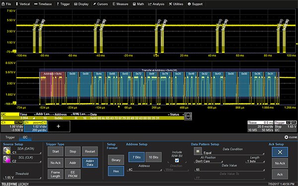 Image of I2C trigger setup for device address and data content (click to enlarge)