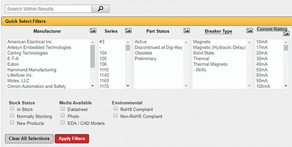 Image of current rating on DigiKey’s parametric search