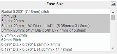 在 DigiKey 零件搜索区域中选择 5 mm 的保险丝尺寸
