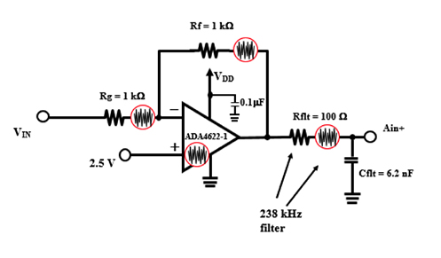 Diagram of amplifier circuit noise sources showing that the amplifier noise
