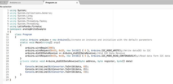 Image of C# code showing set up and reading of ADXL345 3-axis MEMS (click for full-size)