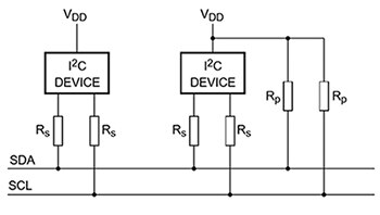 Diagram of NXP pull-up and series resistors on the I²C bus