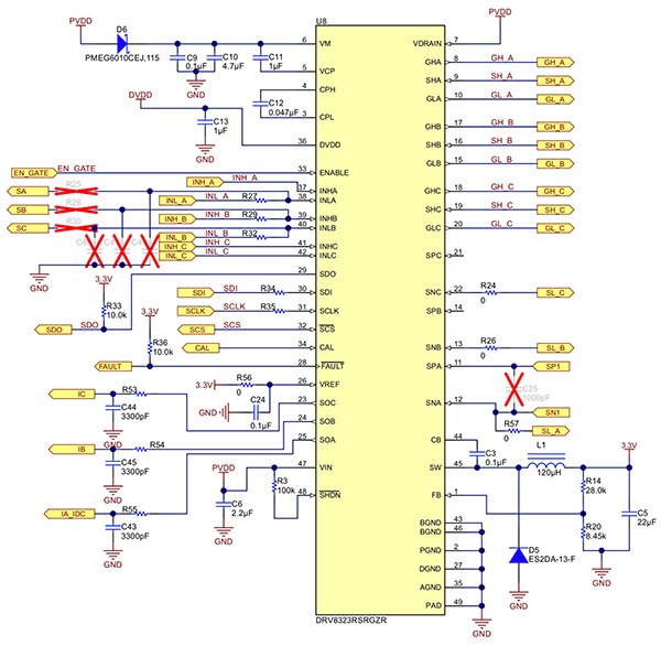 Texas Instruments 的 DRV8323R 栅极驱动器应用电路示意图