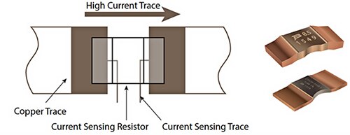 Diagram of Kelvin connection to a two-terminal current sensing resistor