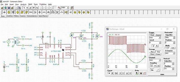 Image of Texas Instruments TPA3116D2DADR Class D stereo amplifier simulation (click to enlarge)
