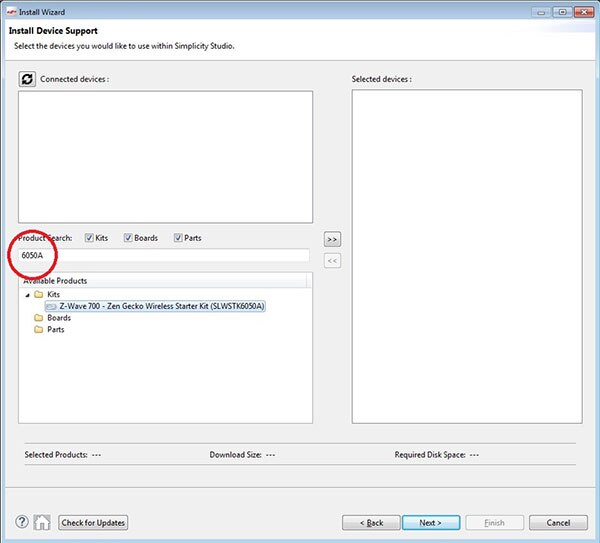 Image of typing “6050A” in the Simplicity Studio search box