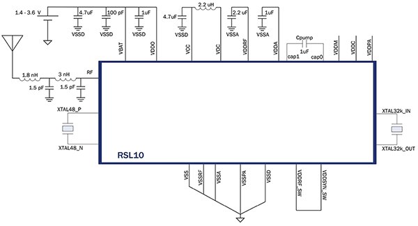 Diagram of ON Semiconductor RSL10 configuration for operation in buck mode