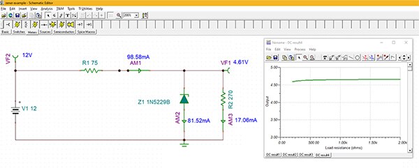 Image of schematic diagram of a basic voltage regulator using a Zener diode (click to enlarge)