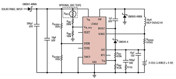 Analog Devices 的 LT3652 电池充电器 IC 示意图