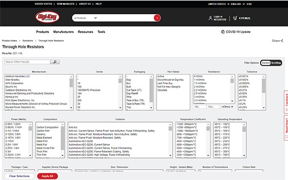 带有已展开的“Stacked（堆叠）”（垂直）参数筛选器的“Through Hole Resistors”（通孔电阻器）搜索页图片。