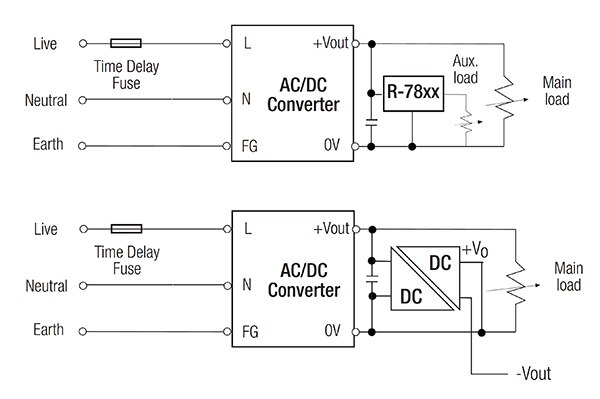 开关稳压器（RECOM R-78xx，上）或 DC/DC 转换器（下）