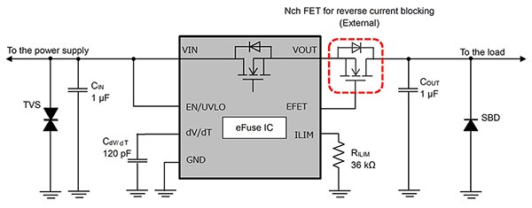 Toshiba TCKE8xx 系列 eFuse 的典型应用原理图（点击放大）