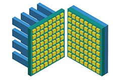 低 SWaP-C 的 SMD 元器件（右）与传统 3D 砖组件（左）的比较图