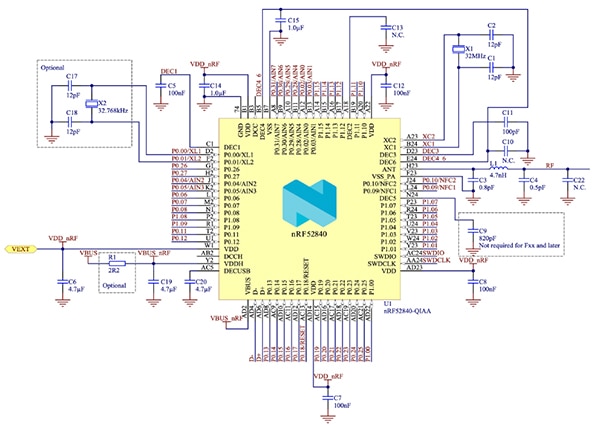 Nordic 的 nRF52840 需要外部电路的示意图（点击放大）