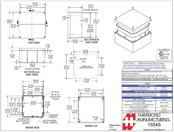 Drawing of a Hammond Manufacturing 1554N2GYCL enclosure (click to enlarge)