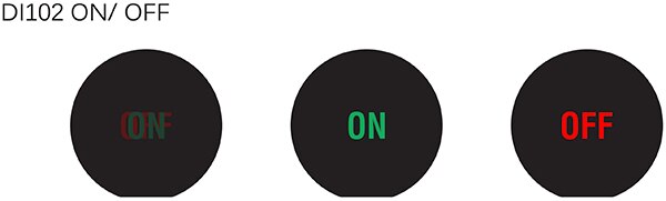 Image of the three states of the APEM Q14F3BYYRG12E-DI102 LED indicator