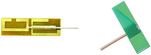 Image of Ezurio EMF2449A1-10MH4L flexible circuit-board antenna (left) and the EBL2400A1-10MH4L antenna