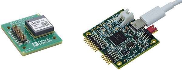Image of Analog Devices ADIS16500/PCBZ breakout board (left) and the EVAL-ADIS-FX3Z evaluation kit (right)