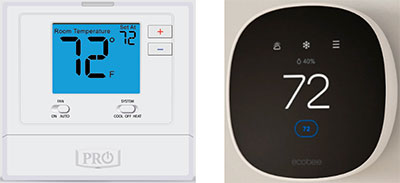 Image of basic digital thermostat (left) or a connected IoT version (right)