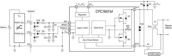 Diagram of Littelfuse CPC1601M with a capacitor and a few passive components added (click to enlarge)