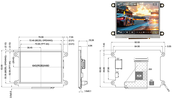 Newhaven Display 的 NHD-3.5-HDMI-HR-RSXP 型显示屏，图中标出了具体尺寸（点击放大）