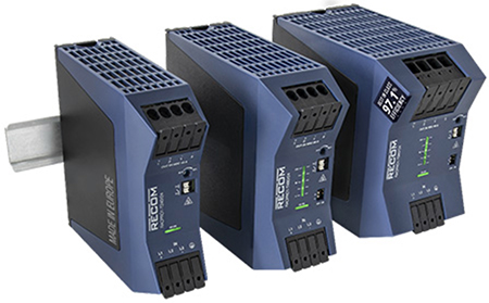 RECOM Power RACPRO1-T240/24(왼쪽), RACPRO1-T480/24(가운데) 및 RACPRO1-T960/24(오른쪽) DIN 레일 전원 공급 장치 이미지
