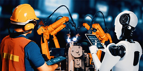 Image of mobile manipulator working alongside human operators in Analog Devices Beaverton, Oregon chip fabrication facility
