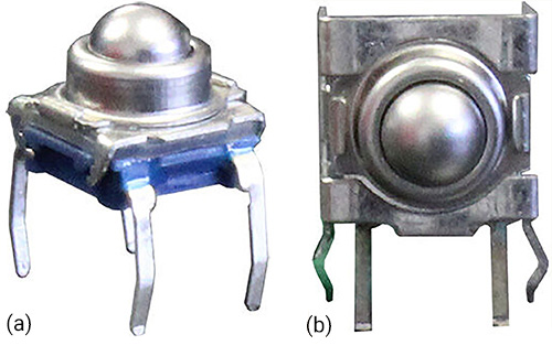 Image of CIT STJ spherical-cap tactile switches (a) and their STJV vertical counterparts (b)