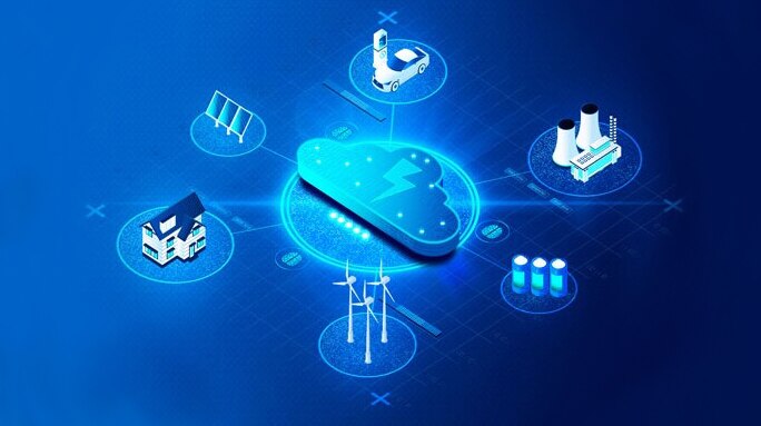 Icons representing homes, car chargers, and various kinds of green energy all converging on a blue cloud icon with a lightning bolt on it