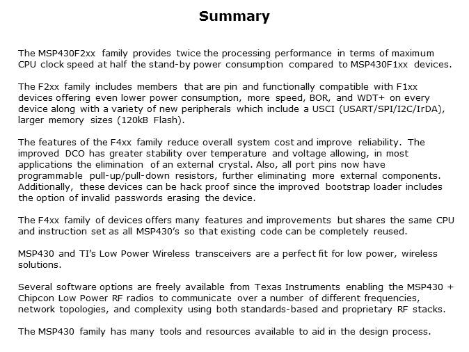 MSP430x2xx/4xx and Wireless Overview Slide 17