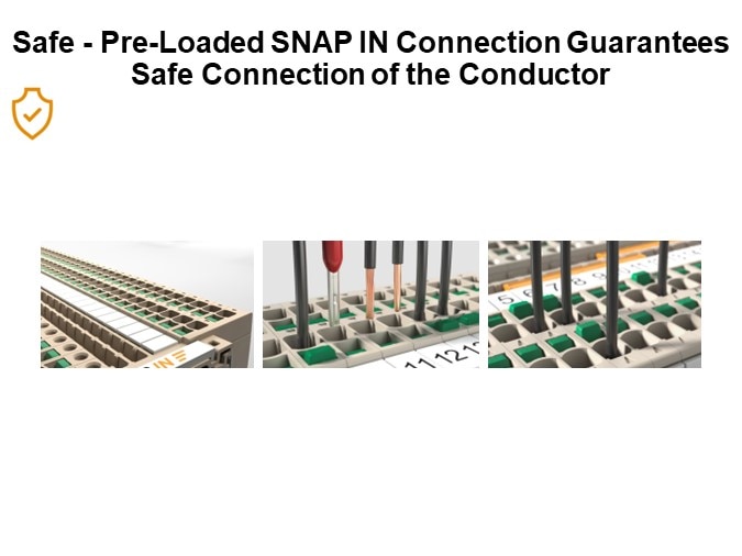 Safe - Pre-Loaded SNAP IN Connection Guarantees Safe Connection of the Conductor 