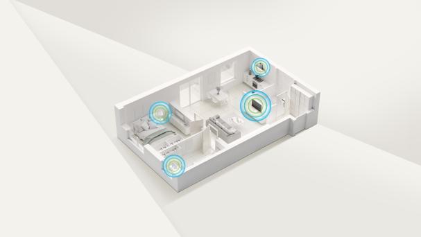 Image of a diorama of a small apartment with circles highlighting devices that use wireless
