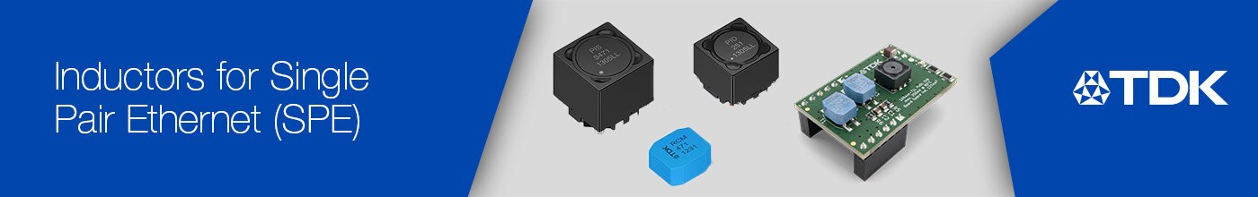 Blue banner with text Inductors for Single Pair Ethernet (SPE) on the left, the TDK logo on the right, and a center gray area with four types of SPE