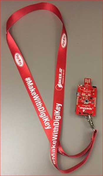 Image of Dig-Key lanyard equipped with Sparkfun's Rock-Paper-Scissors boards