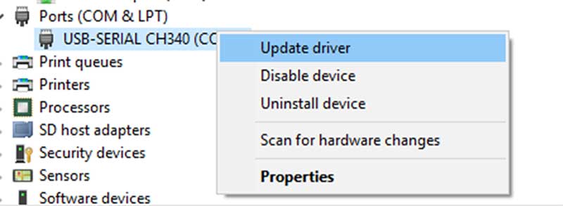 If the Arduino is not recognized, update the driver