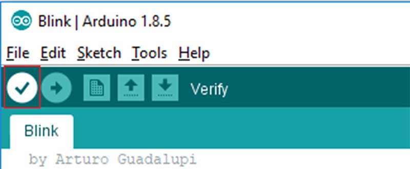 The “Verify” button will compile the Arduino code